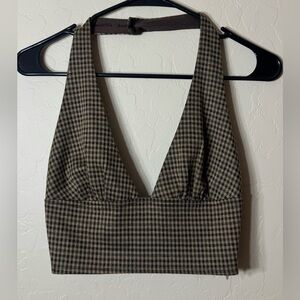 Princess Polly Brown Gingham Halter Crop Top Deep V Backless Tie XS AU6 US2